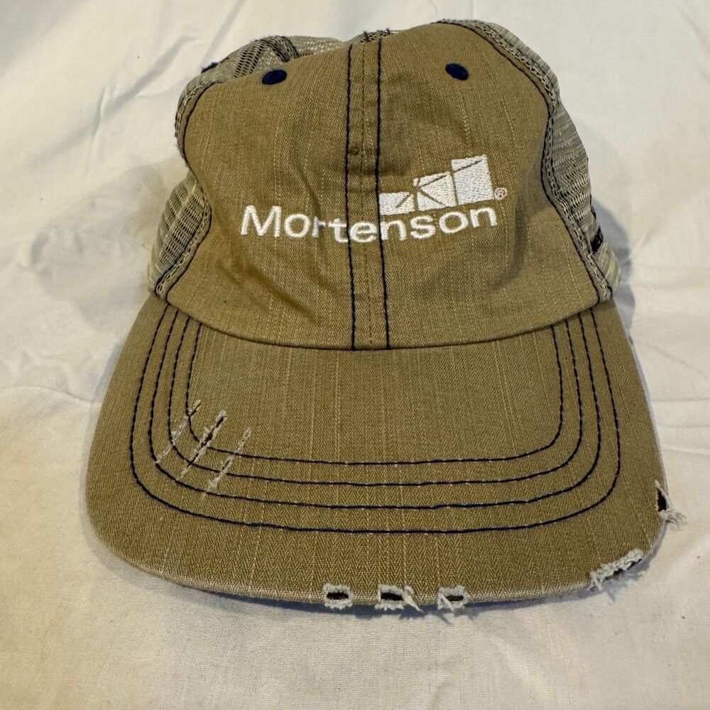 Mortenson Construction Trucker Hat Cap Mens Distressed Khaki Herringbone Mesh